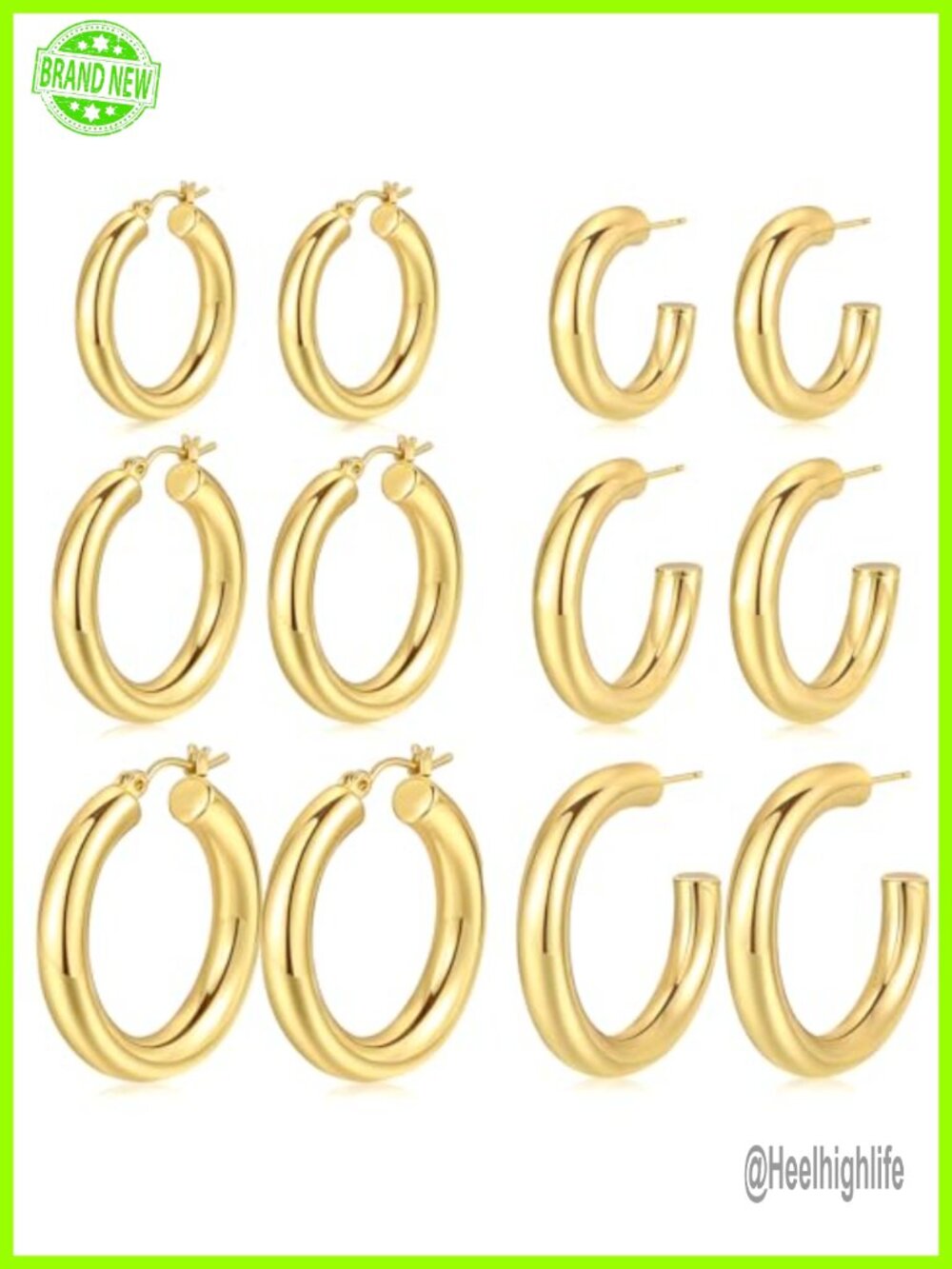 6 Pairs 14K Gold Plated Hoop Earrings Set Lightweight Hypoallergenic